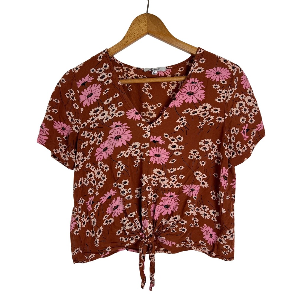 Madewell Womens Small Brown Pink Floral V-Neck Tie-Front Cropped Boho Top Preppy